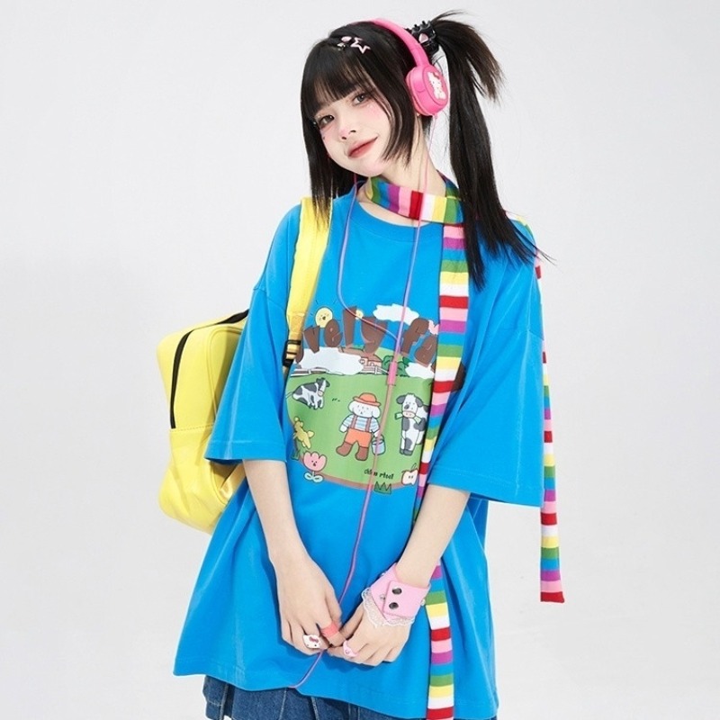 Farming Japan - Camiseta Oversized Estilo Y2K com Estampa